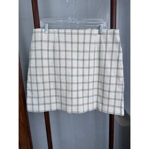 J.Jill Plaid Mini Skirt Cream Black Elastic Windowpane Cotton Blend Large Petite